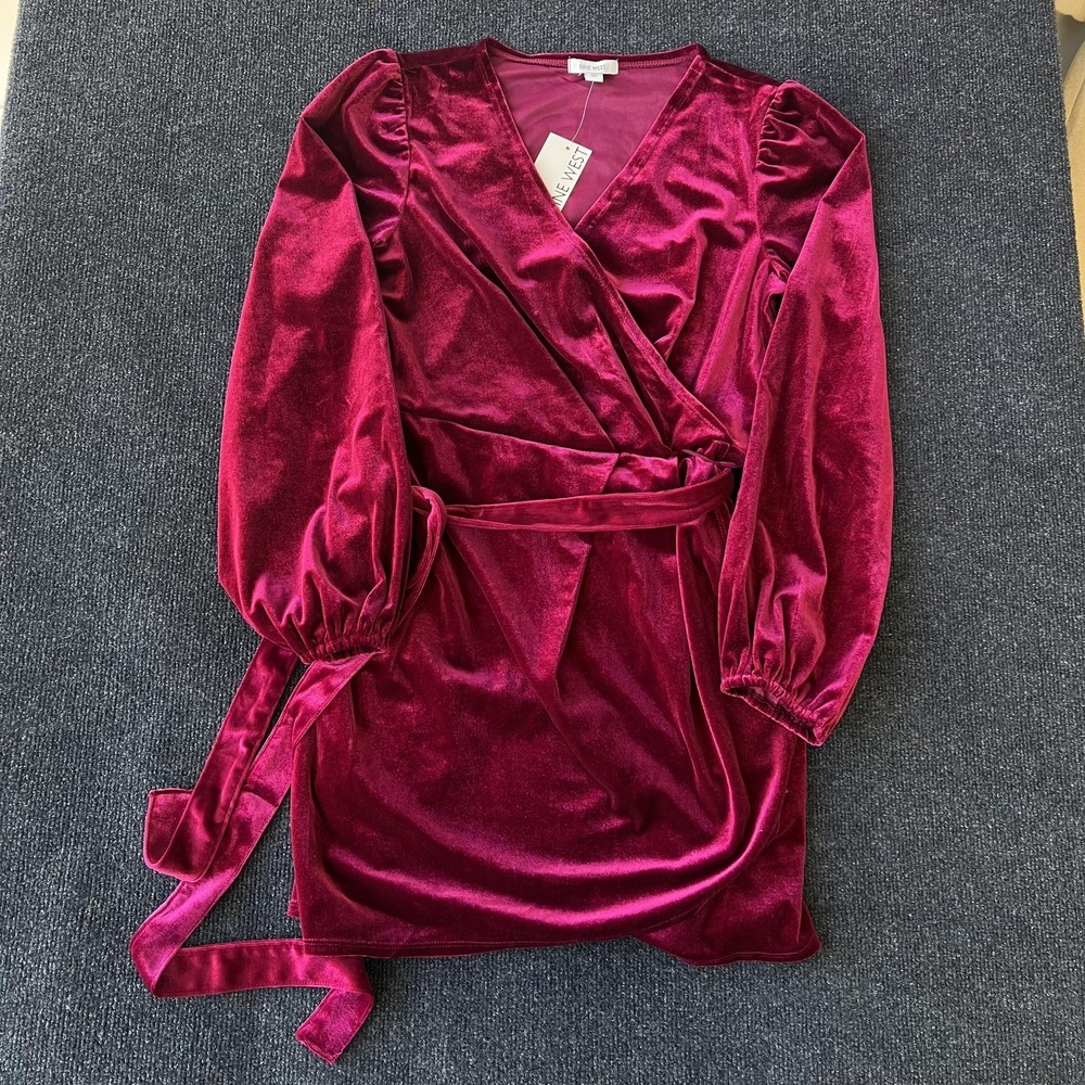 Nine West Dress Womens Large Burgundy Velvet Wrap Long Sleeve Belted Tie V Neck